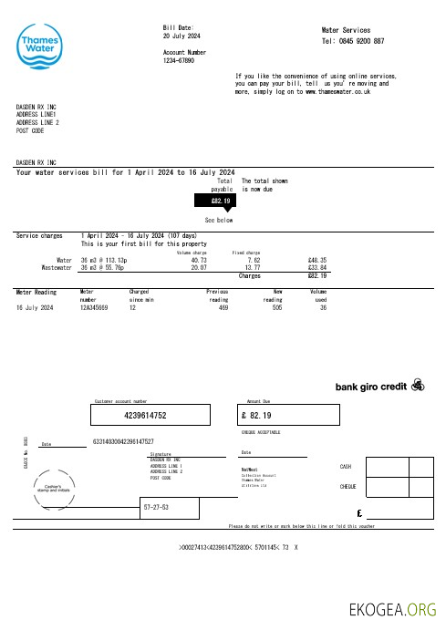 Modèle de facture de services publics de Thames Water au Royaume Uni aux formats Word et PDF